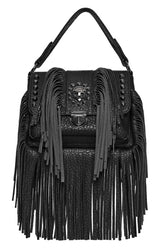 Schwarze Tasche mit Nieten, Quasten und Riemen aus Kunstleder im Gothic-Stil für Damen